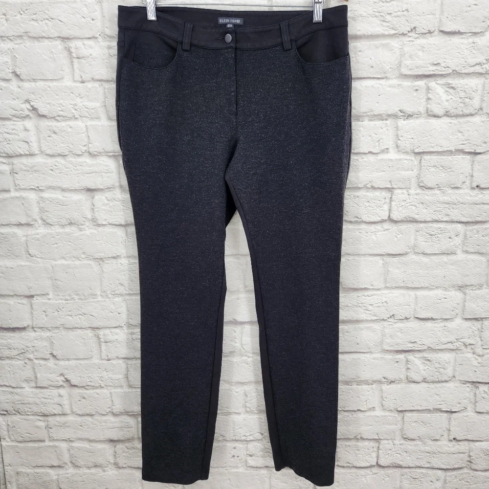 Eileen Fisher Slim Leg Knit Pants Black Dark Gray Panel Mixed Media Size 12